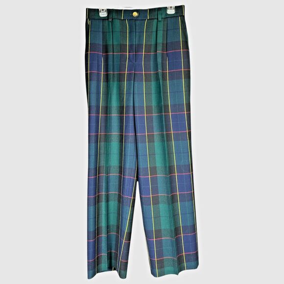 Vintage Escada Couture Plaid Wool Pants Green Yellow Red Tartan Pleated Front 38 - Picture 1 of 13